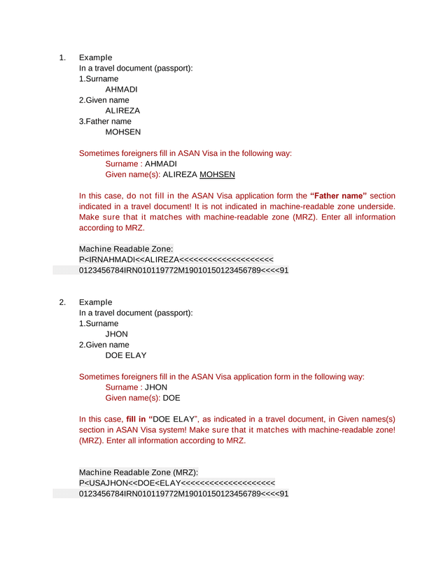 ASAN Visa Name Entry Guidelines screenshot