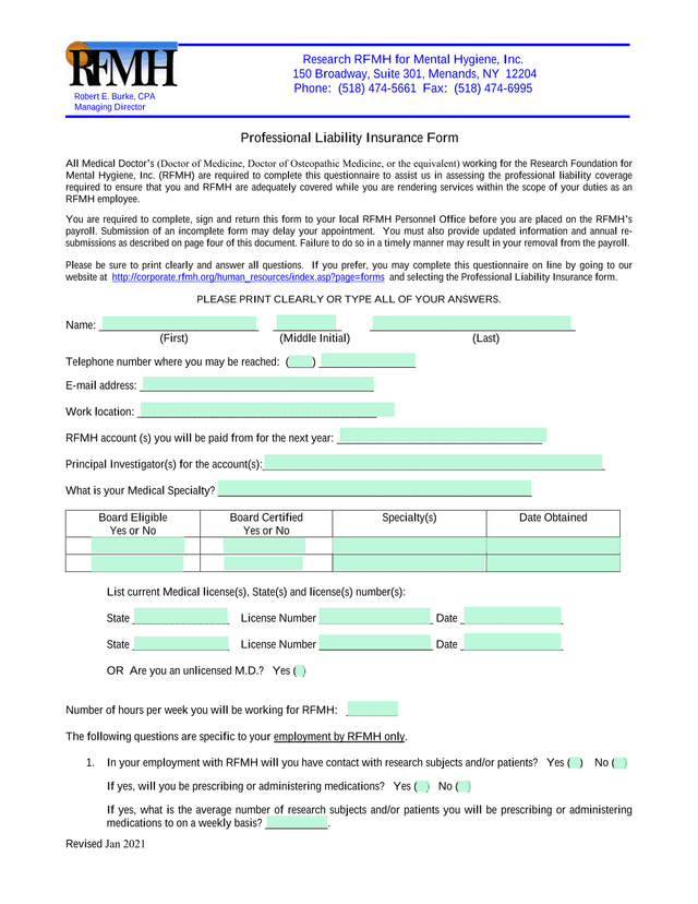 Professional Liability Insurance Form screenshot