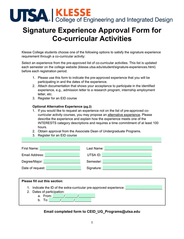 Signature Experience Approval Form For Co Curricular Activities screenshot