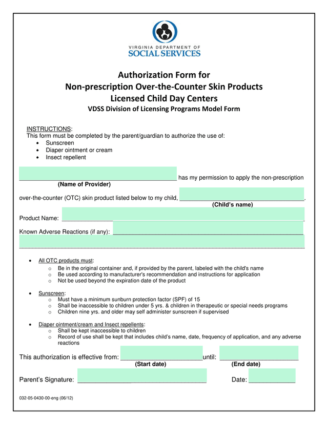 Authorization Form For Non Prescription Over The Counter Skin Products   Licensed Child Day Centers screenshot