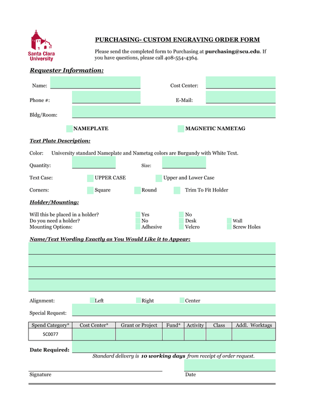 PURCHASING  CUSTOM ENGRAVING ORDER FORM screenshot