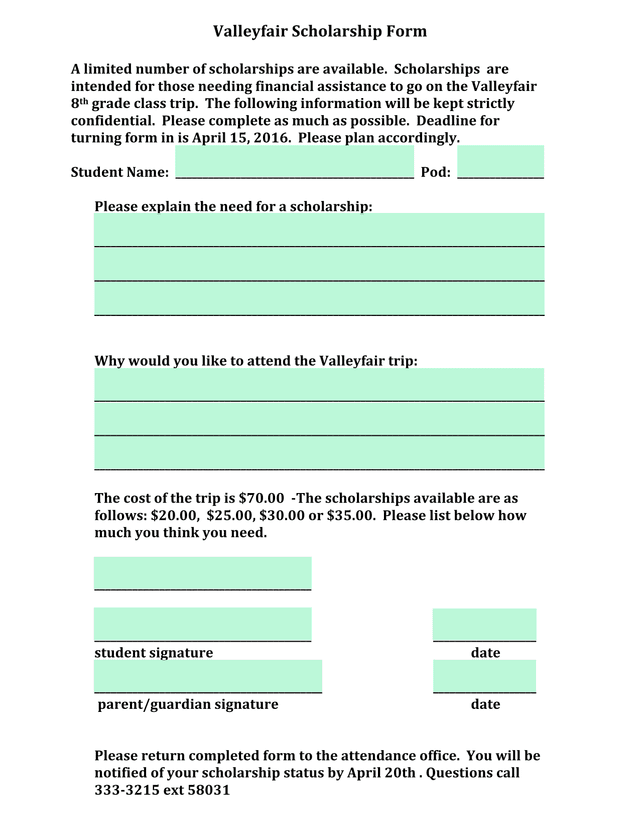 Valleyfair Scholarship Form screenshot
