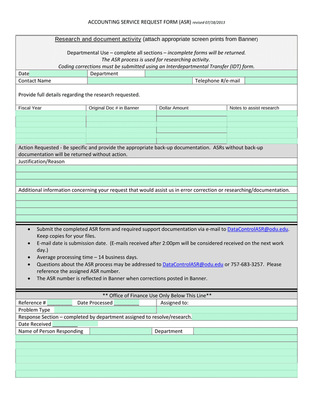 Accounting Service Request Form (ASR) screenshot