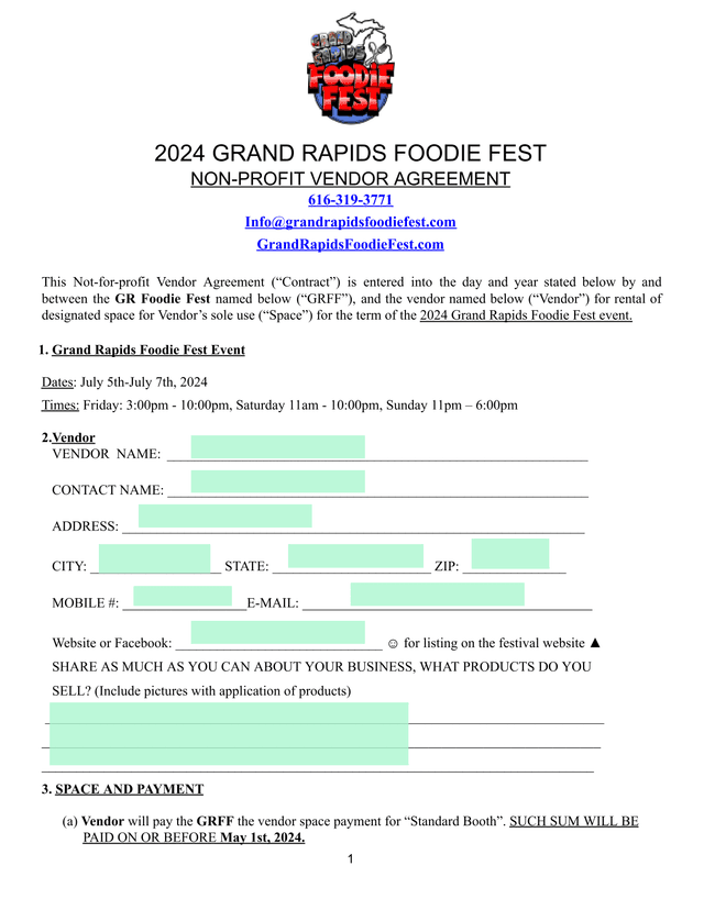 2024 Grand Rapids Foodie Fest Non Profit Vendor Agreement screenshot