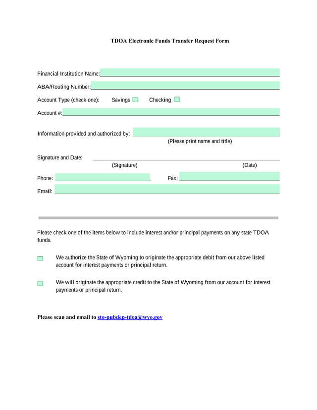 TDOA Electronic Funds Transfer Request Form screenshot