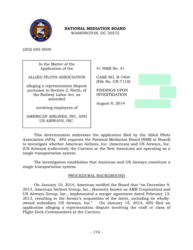 National Mediation Board Findings Upon Investigation screenshot