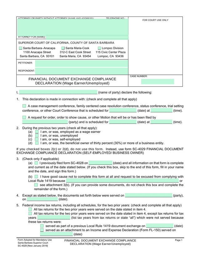 Financial Document Exchange Compliance Declaration (Wage EarnerUnemployed) screenshot