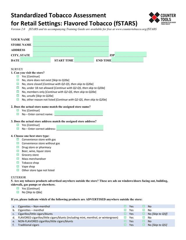 Standardized Tobacco Assessment For Retail Settings Flavored Tobacco (FSTARS) screenshot