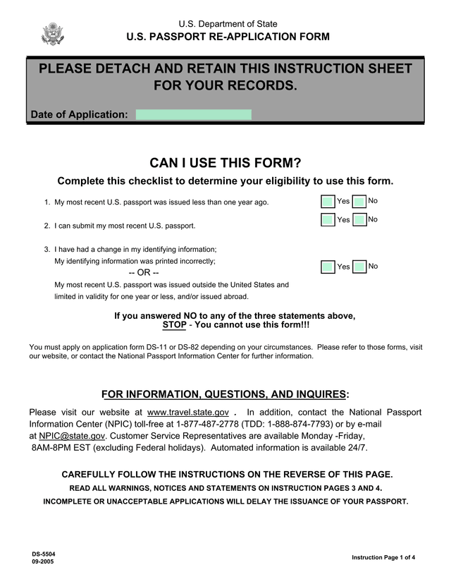 U.S. Passport Re Application Form DS 5504 screenshot
