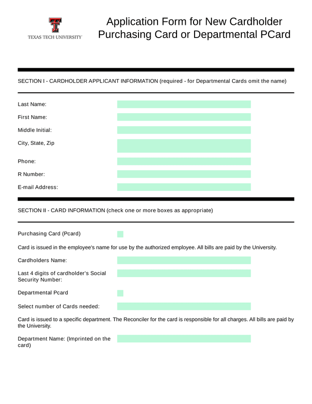 Application Form For New Cardholder Purchasing Card Or Departmental PCard screenshot