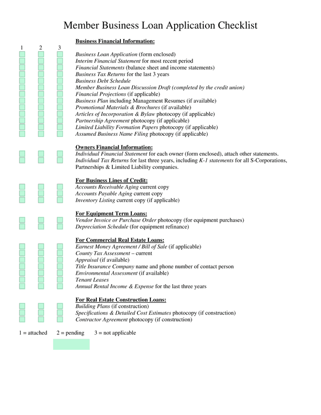 Member Business Loan Application Checklist screenshot