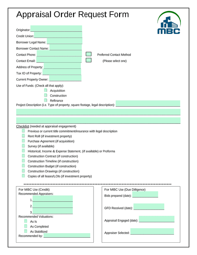 Appraisal Order Request Form screenshot