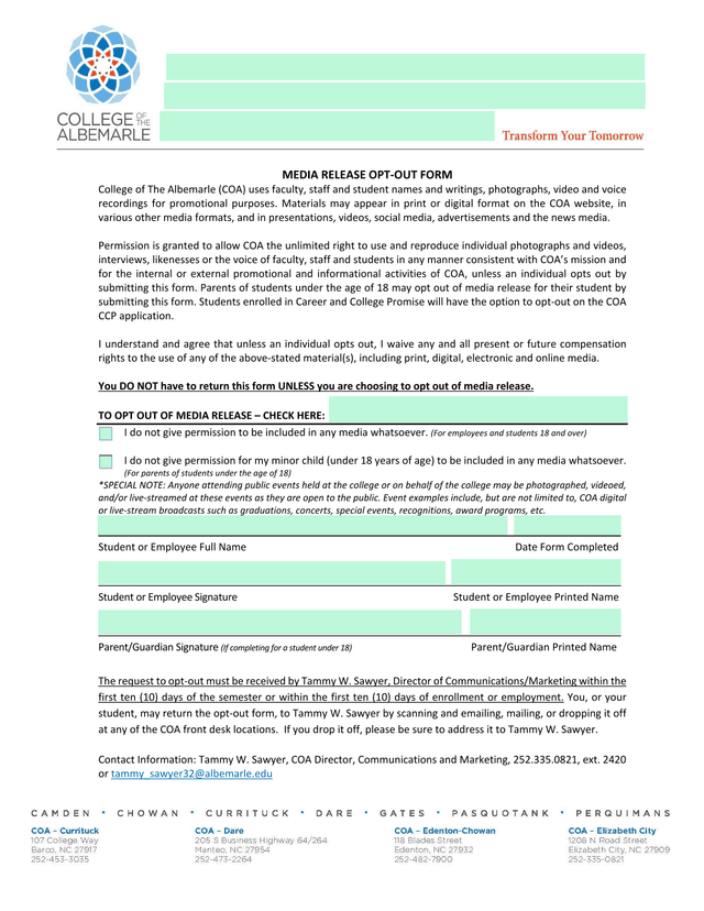 Media Release Opt Out Form screenshot