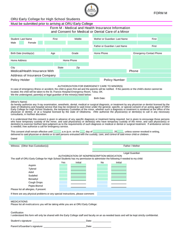 Form M   Medical And Health Insurance Information And Consent For Medical Or Dental Care Of A Minor screenshot