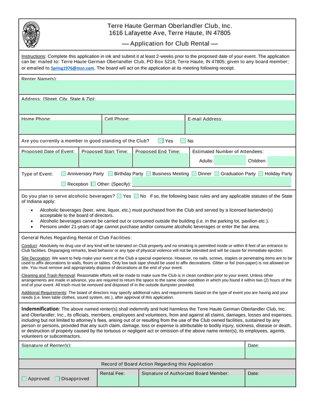 Application For Club Rental screenshot