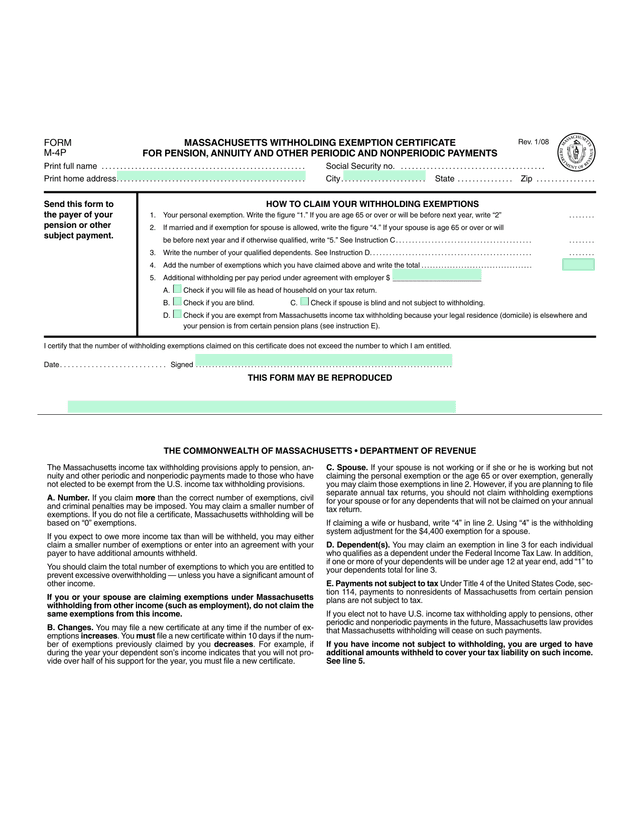 Massachusetts Income Tax Withholding Form screenshot