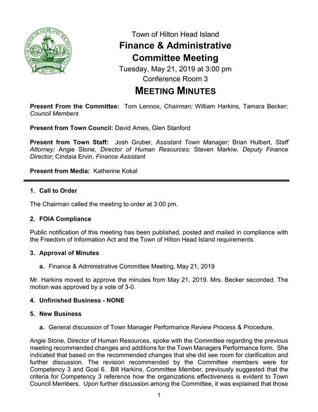 Town Of Hilton Head Island Finance  Administrative Committee Meeting Minutes screenshot