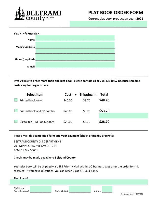 PLAT BOOK ORDER FORM screenshot
