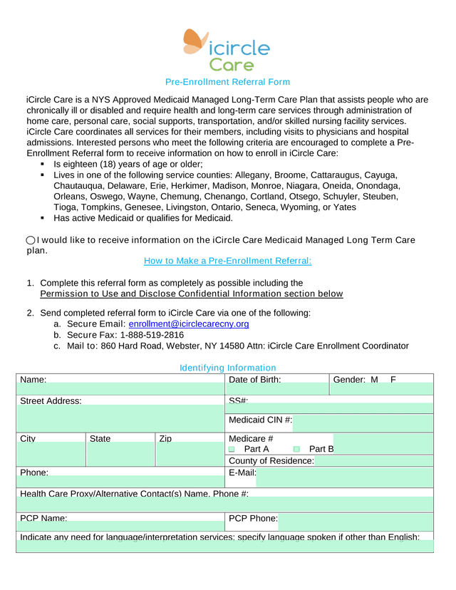Pre Enrollment Referral Form screenshot