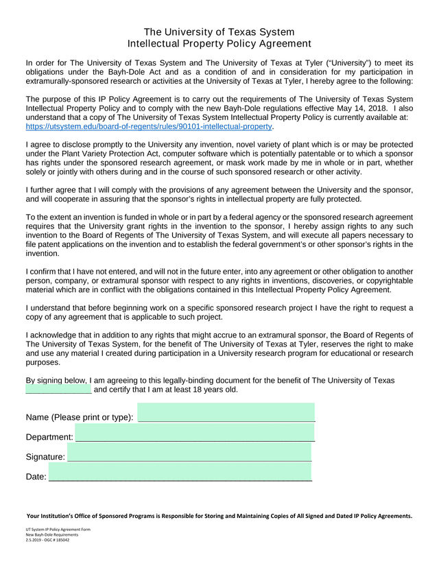 UT System IP Policy Agreement Form screenshot