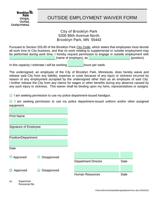 Outside Employment Waiver Form screenshot