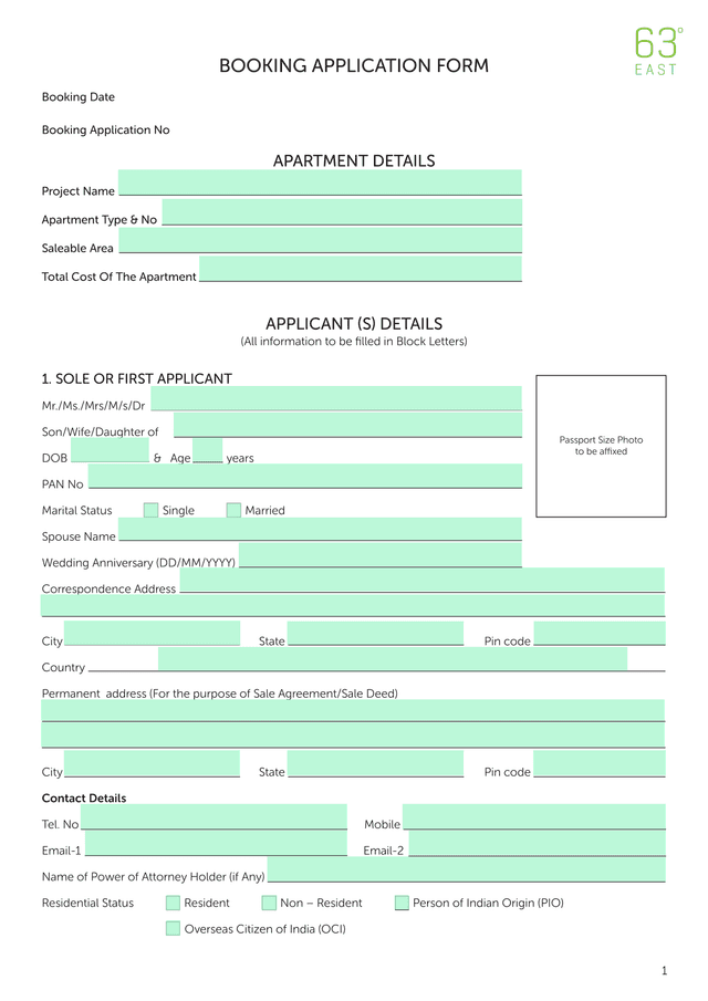 BOOKING APPLICATION FORM screenshot