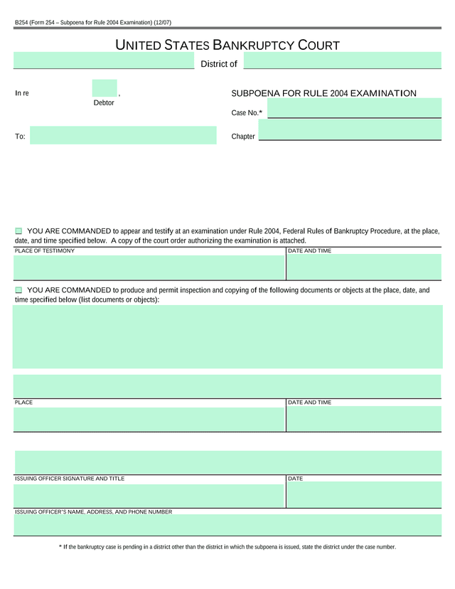 B254 (Form 254  Subpoena For Rule 2004 Examination) screenshot