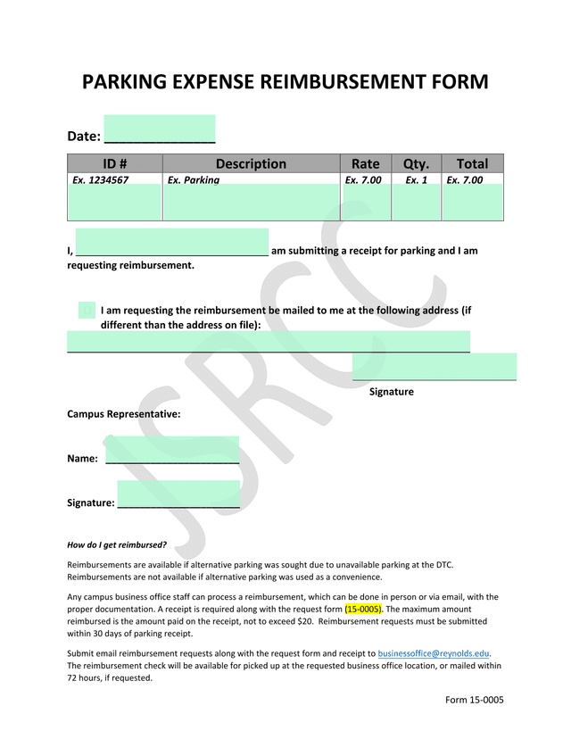 Form 15 0005 Parking Expense Reimbursement Form screenshot