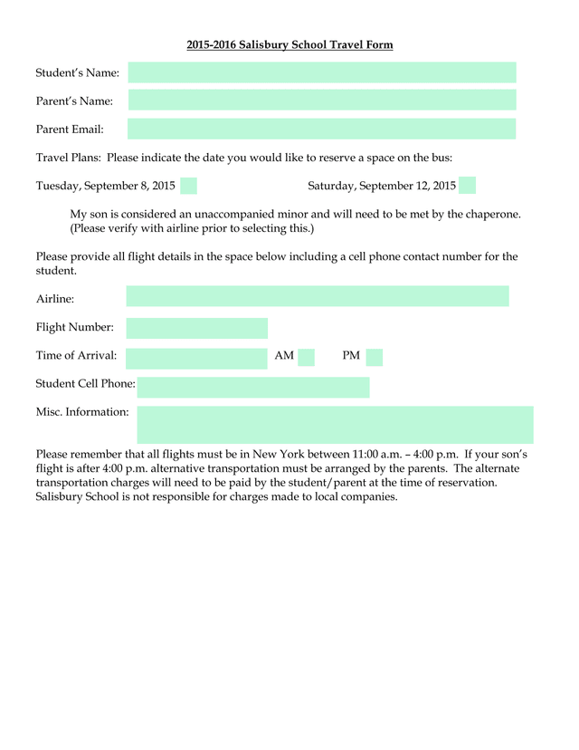 2015 2016 Salisbury School Travel Form screenshot