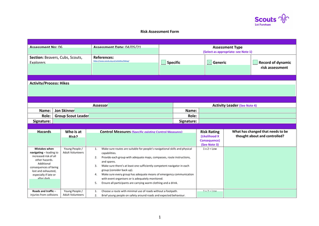 Risk Assessment Form screenshot