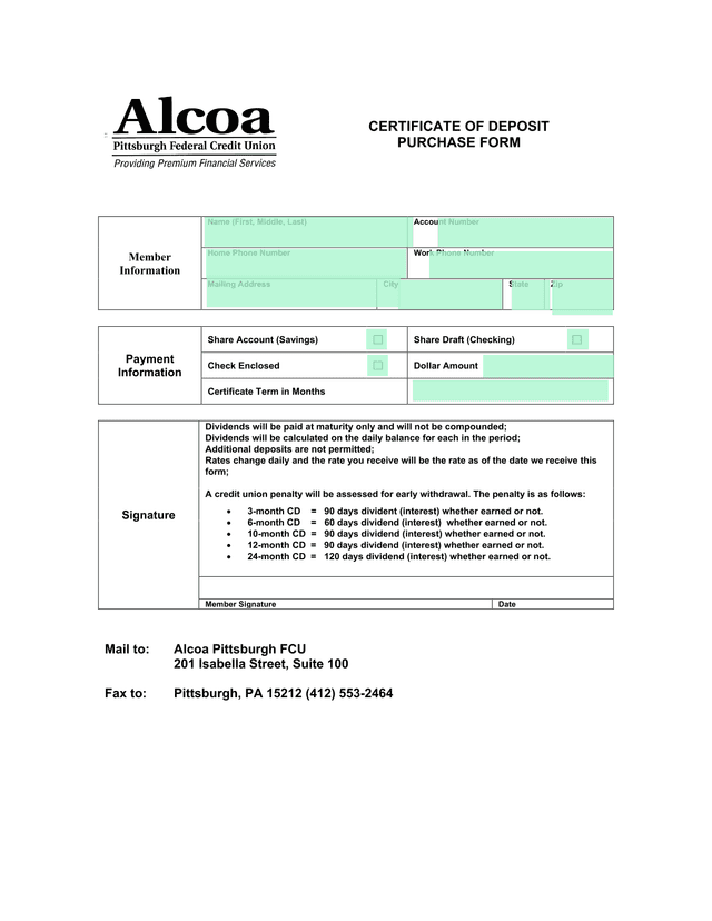 Certificate Of Deposit Purchase Form screenshot
