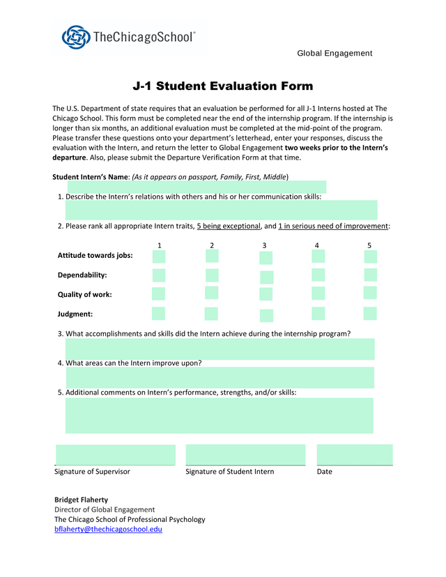 J 1 Student Evaluation Form screenshot