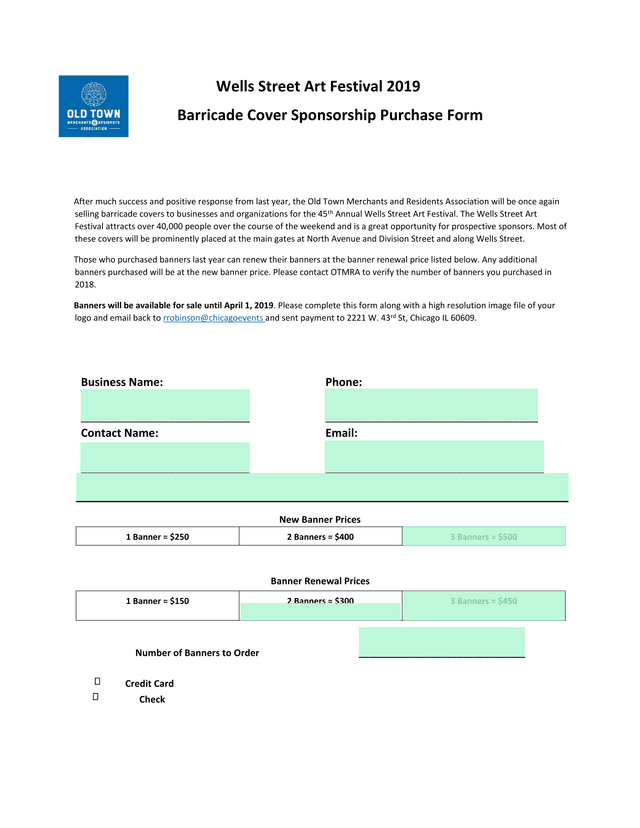 Wells Street Art Festival 2019 Barricade Cover Sponsorship Purchase Form screenshot