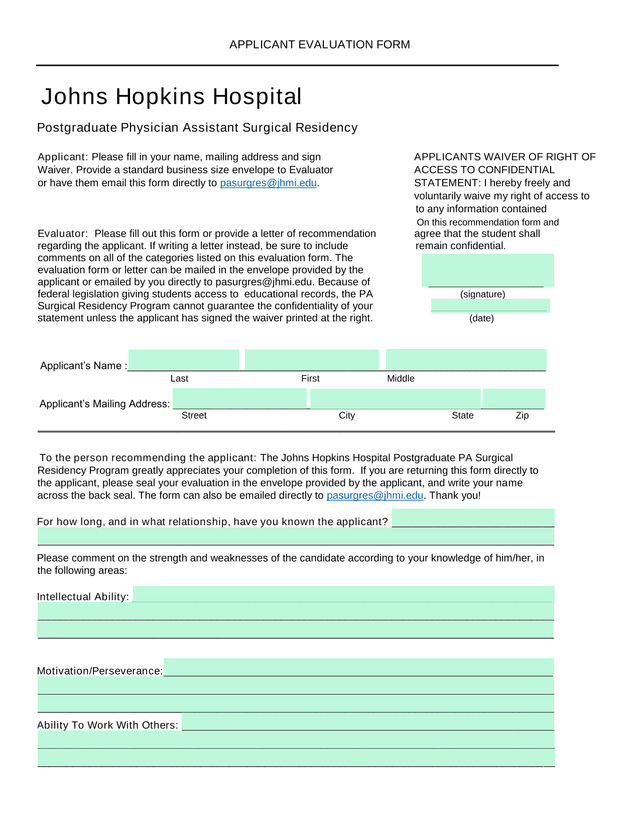 Applicant Evaluation Form screenshot