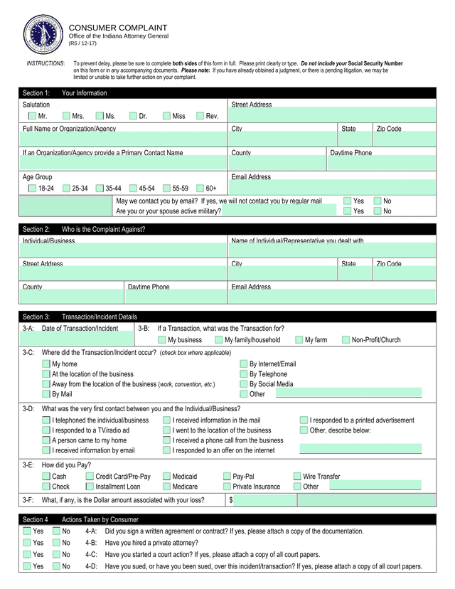 Consumer Complaint Form screenshot