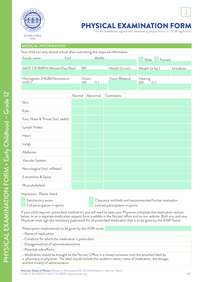 Physical Examination Form screenshot