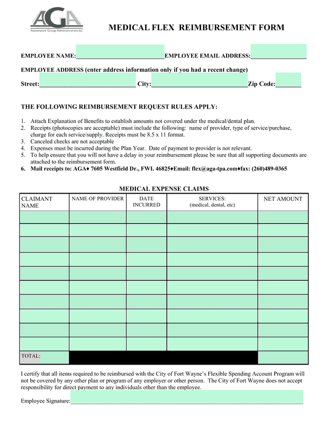 MEDICAL FLEX REIMBURSEMENT FORM screenshot