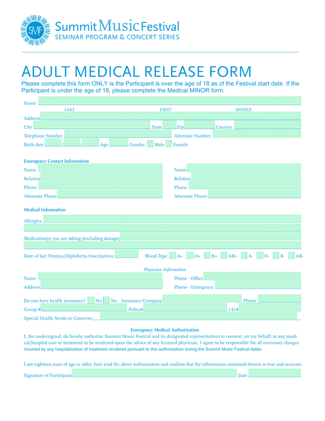 Adult Medical Release Form screenshot