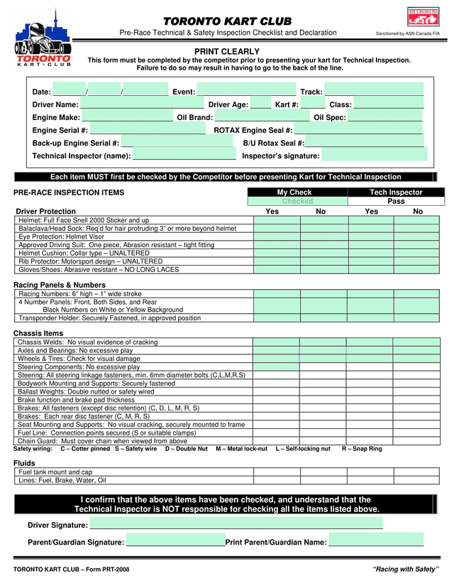 Pre Race Technical  Safety Inspection Checklist And Declaration screenshot