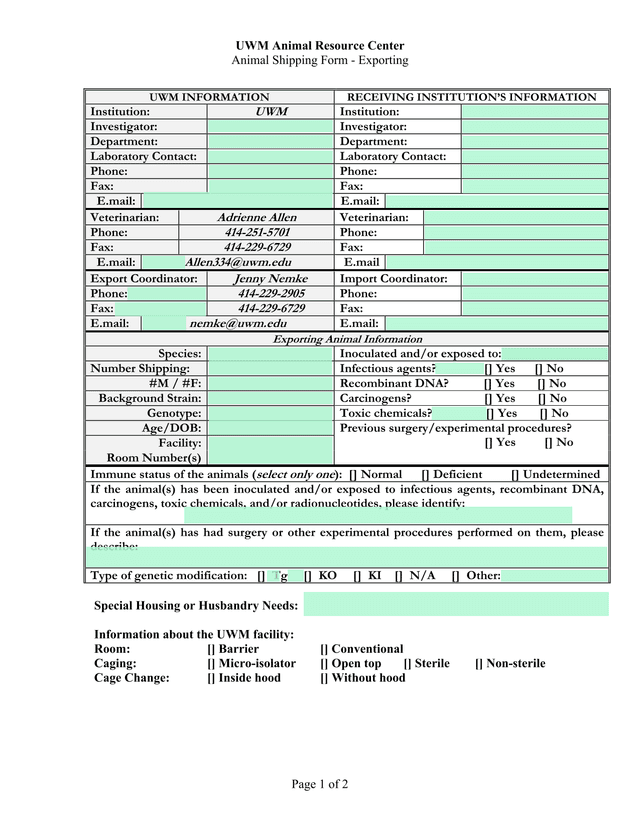 UWM Animal Resource Center Animal Shipping Form   Exporting screenshot