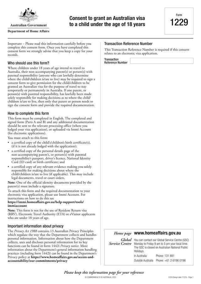 Form 1229   Consent To Grant An Australian Visa To A Child Under The Age Of 18 Years screenshot