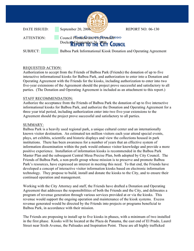 Balboa Park Informational Kiosk Donation And Operating Agreement screenshot