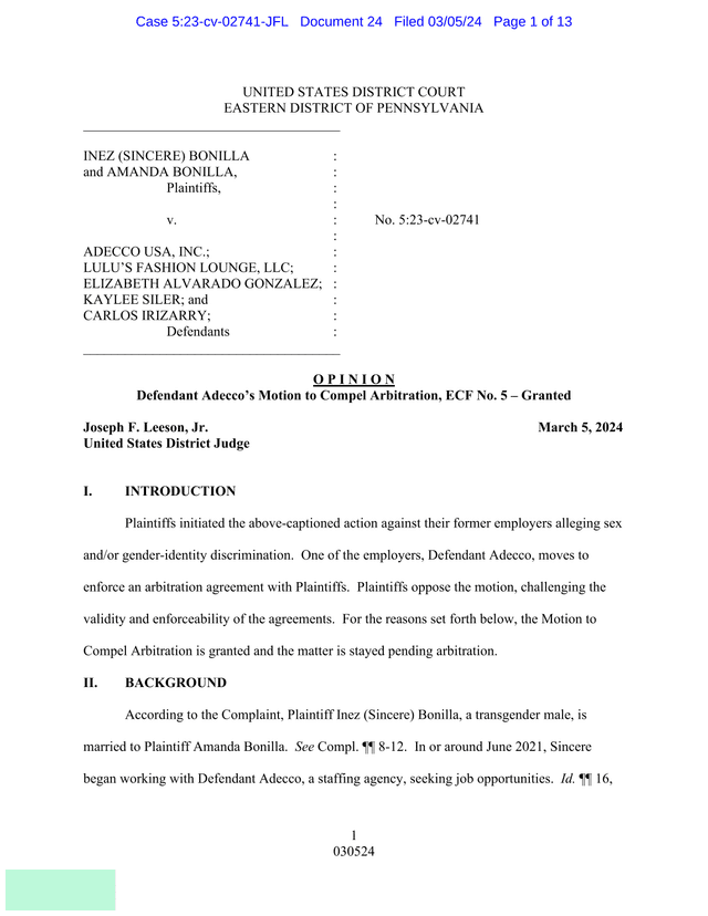 Bonilla V. Adecco USA, Inc. Et Al screenshot