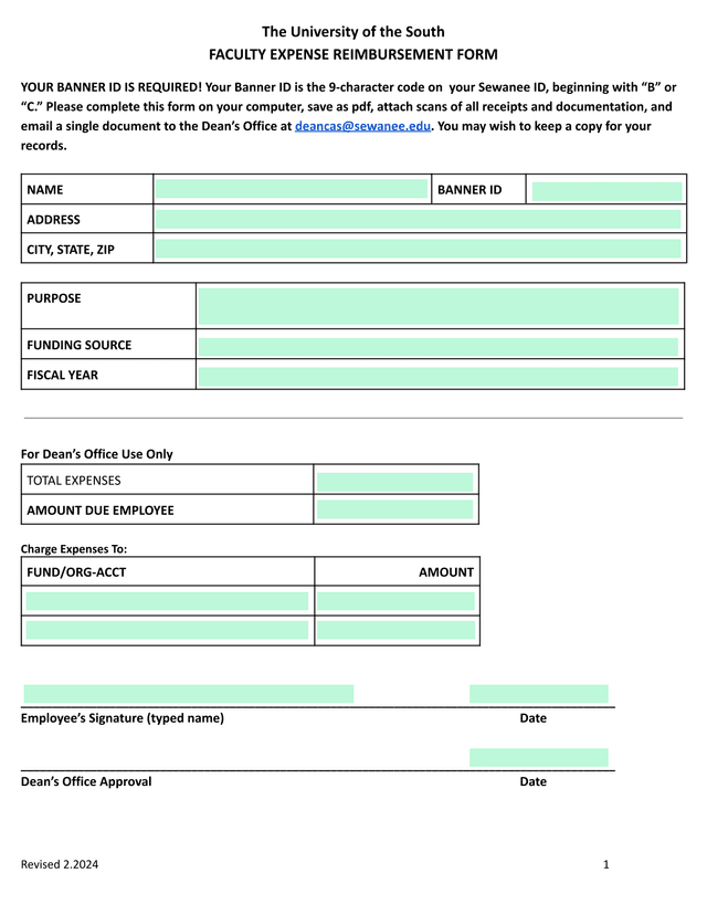 Faculty Expense Reimbursement Form screenshot