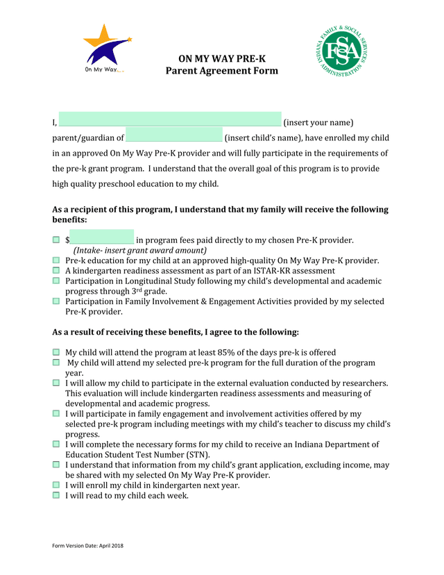 ON MY WAY PRE K Parent Agreement Form screenshot