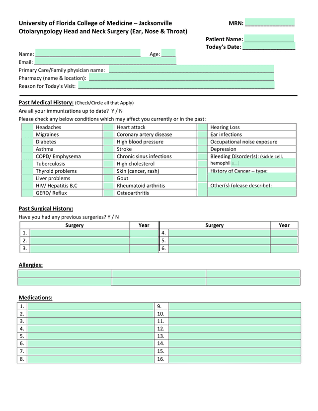 Otolaryngology Head And Neck Surgery Patient Medical History Form screenshot