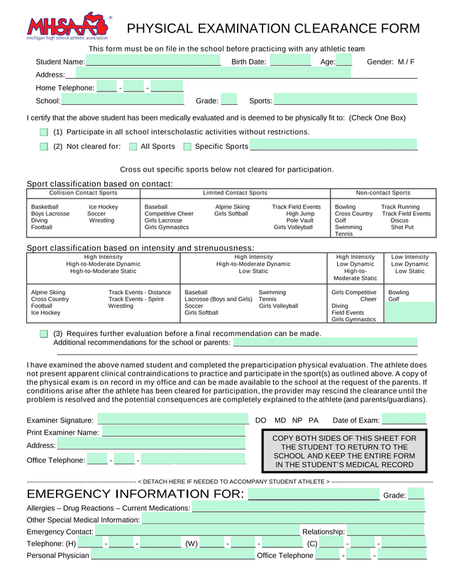 Pre Participation Physical Evaluation Form screenshot