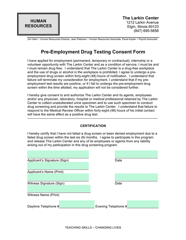 Pre Employment Drug Testing Consent Form screenshot