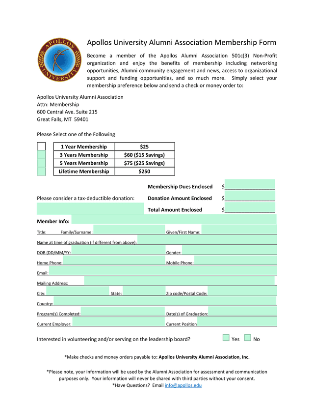 Apollos University Alumni Association Membership Form screenshot