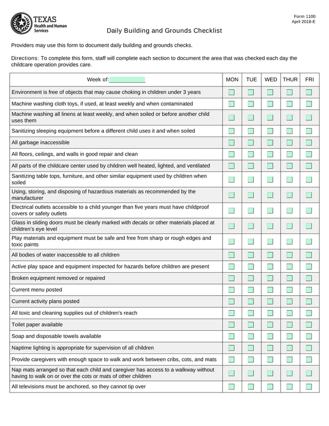Form 1100 Daily Building And Grounds Checklist screenshot